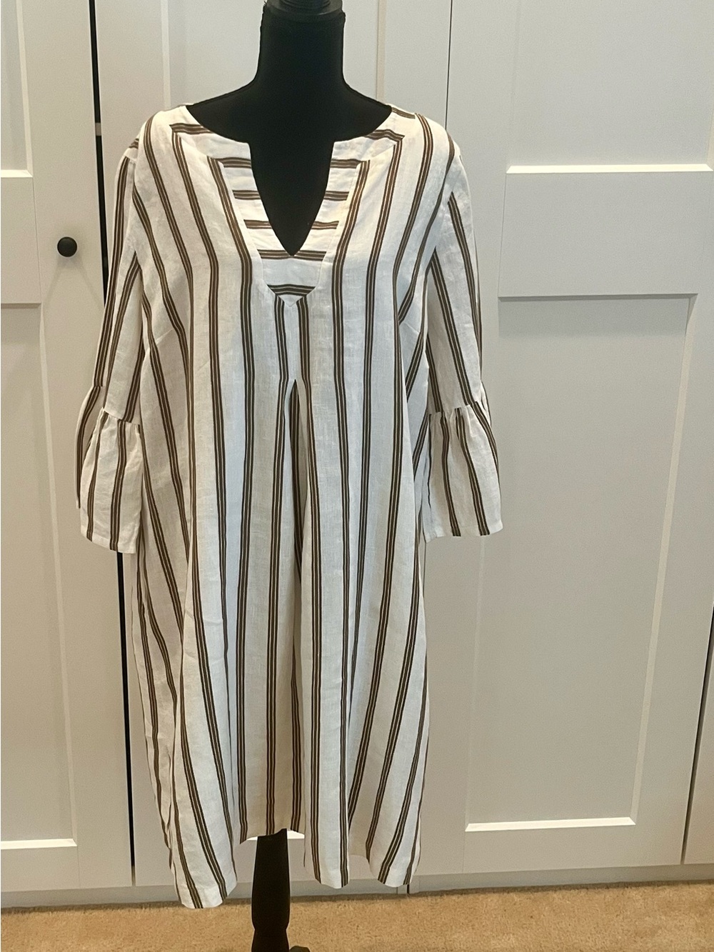 Soft Surroundings Cream Midi Dress w/ Olive Green Stripes Linen/Cotton Blend XL